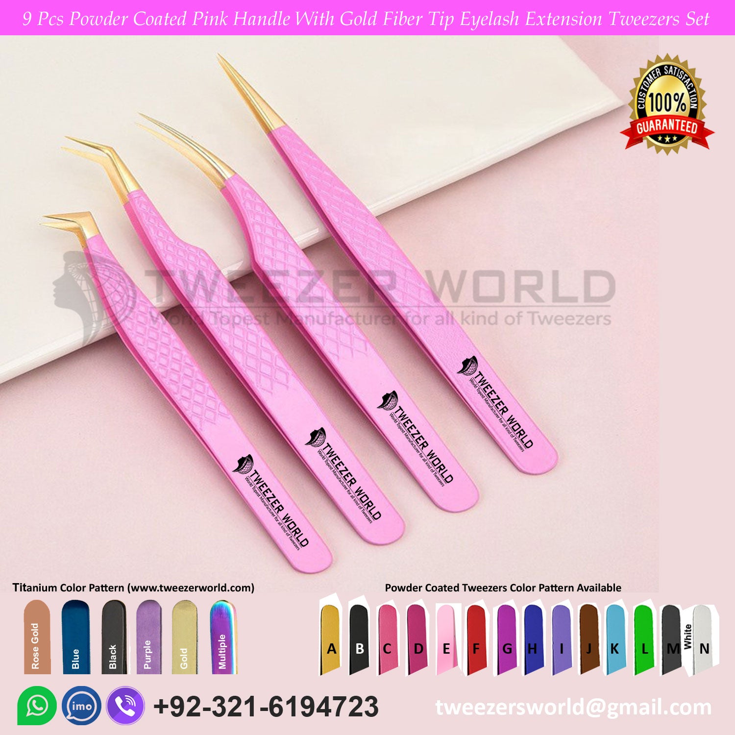 9pcs Powder Coated Pink With Gold Tip Eyelash Tweezers Set