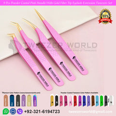 9pcs Powder Coated Pink With Gold Tip Eyelash Tweezers Set