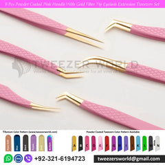 9pcs Powder Coated Pink With Gold Tip Eyelash Tweezers Set