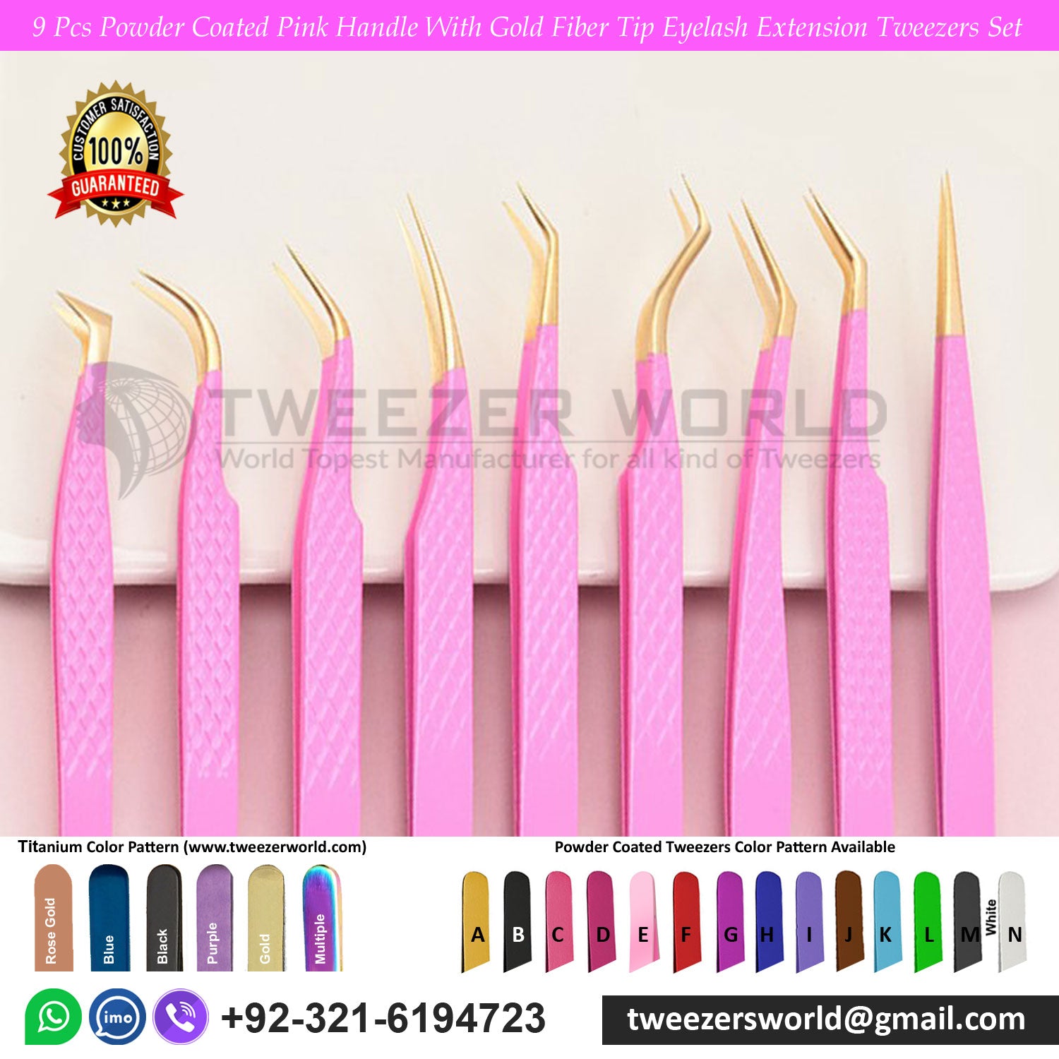 9pcs Powder Coated Pink With Gold Tip Eyelash Tweezers Set