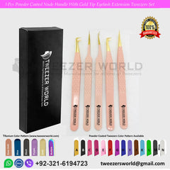 5pcs Powder Coated Nude With Gold Tip Eyelash Tweezers Set