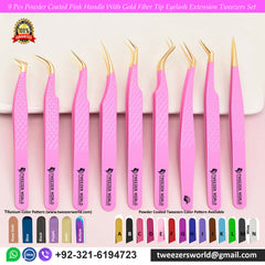 9pcs Powder Coated Pink With Gold Tip Eyelash Tweezers Set