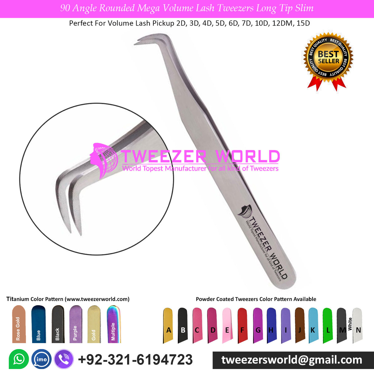 90 Angle Rounded Mega Volume Lash Tweezers Long Tip Slim