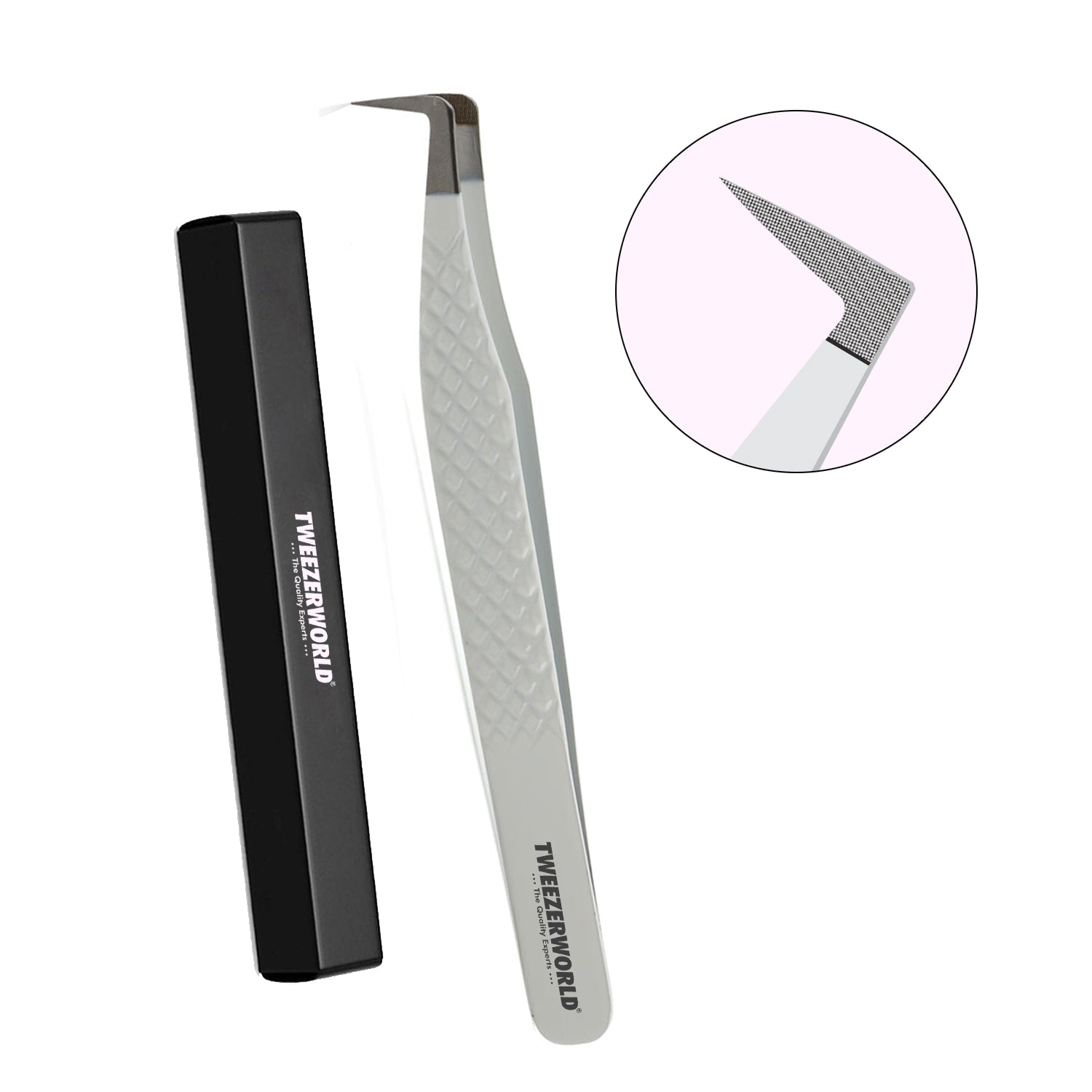 A pair of silver metal eyebrow tweezers with a black storage case, shown on a white background with a circular detail inset highlighting the angled tweezor tip.