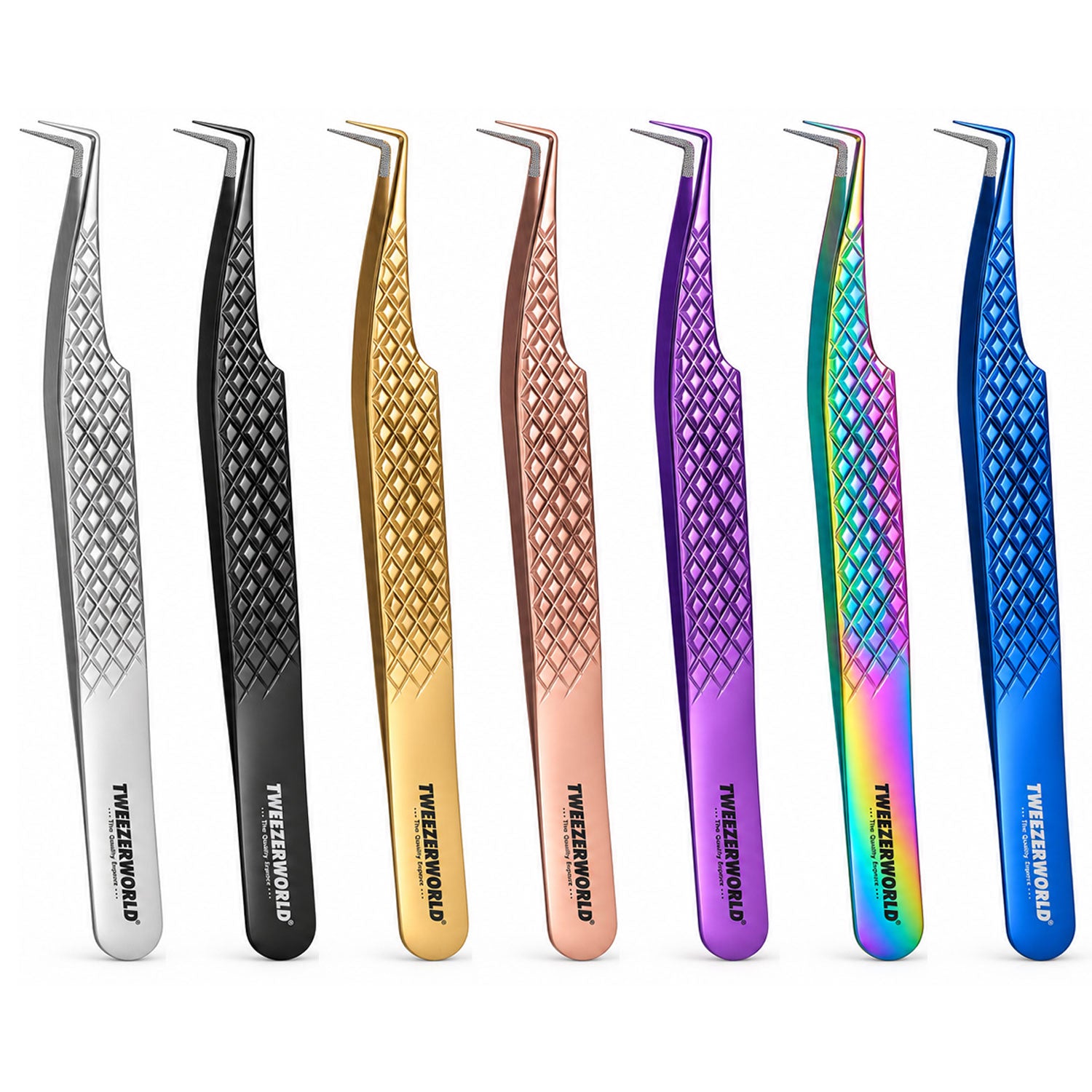 Six pairs of 90-degree precision tweezers in different finishes are lined up side-by-side on a white background. The tweezers include silver, black, rose gold, purple, rainbow, and blue colors, all with textured handles and fine metal tips.