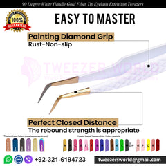 90 Degree White Handle Gold Fiber Tip Eyelash Tweezers