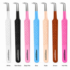 Seved pairs of precision tweezers with textured silicone handles are shown in different colors: White, Matt Black, Baby Pink, Blue, Nude, Brown, and Hot Pink. Each pair has silver metal tips and the brand name 'TWEEZER WORLD' is printed vertically on the handle.