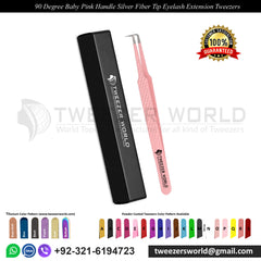 90 Degree Baby Pink Handle Silver Fiber Tip Eyelash Tweezers