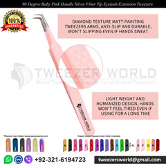 90 Degree Baby Pink Handle Silver Fiber Tip Eyelash Tweezers