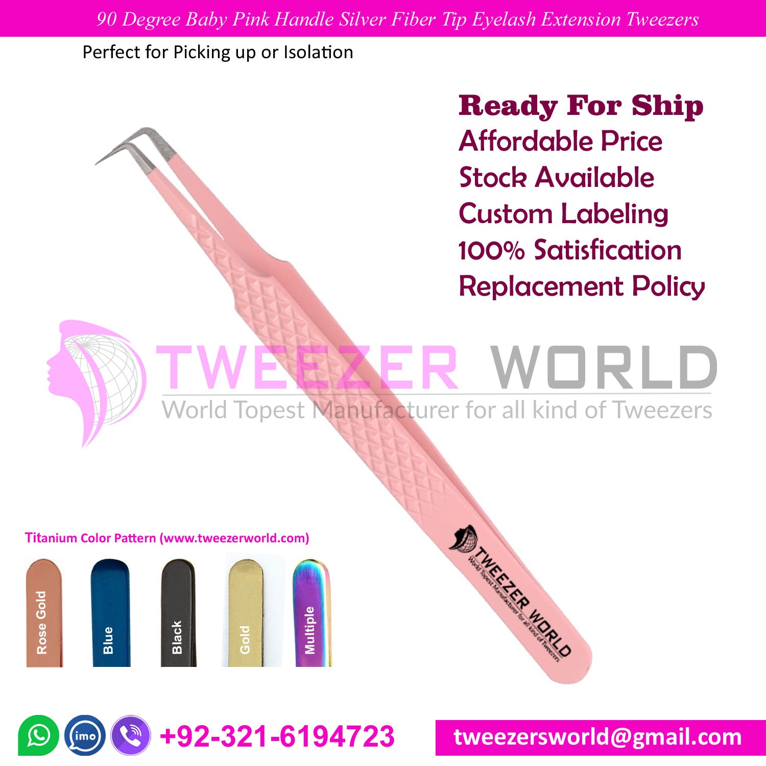 90 Degree Baby Pink Handle Silver Fiber Tip Eyelash Tweezers