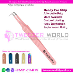 90 Degree Baby Pink Handle Silver Fiber Tip Eyelash Tweezers