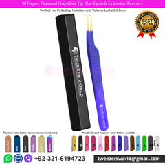 90 Degree Diamond Grip Gold Tip Blue Eyelash Extension Tweezers