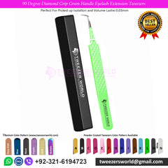 90 Degree Diamond Grip Green Handle Eyelash Extension Tweezers