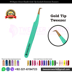 90 Angled Best Eyelash Tweezers Stainless Steel Green Gold Tip