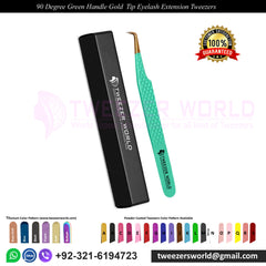 90 Angled Best Eyelash Tweezers Stainless Steel Green Gold Tip