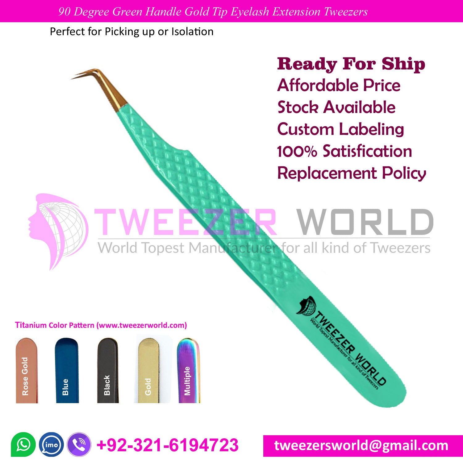 90 Angled Best Eyelash Tweezers Stainless Steel Green Gold Tip