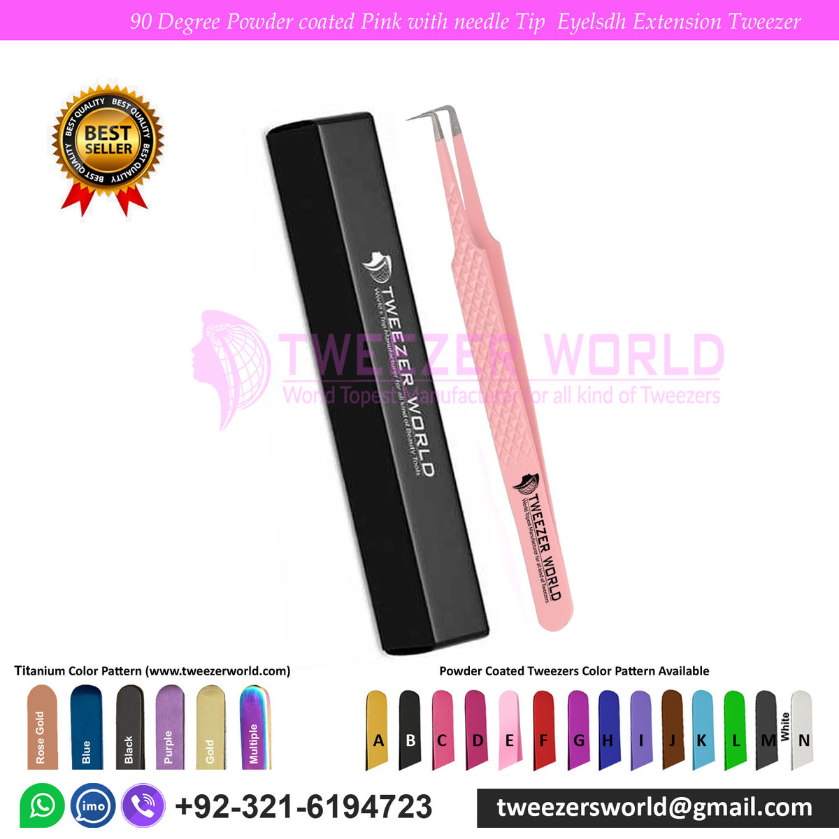 90 Degree Tweezers Powder Coated Pink For Eyelash Extension