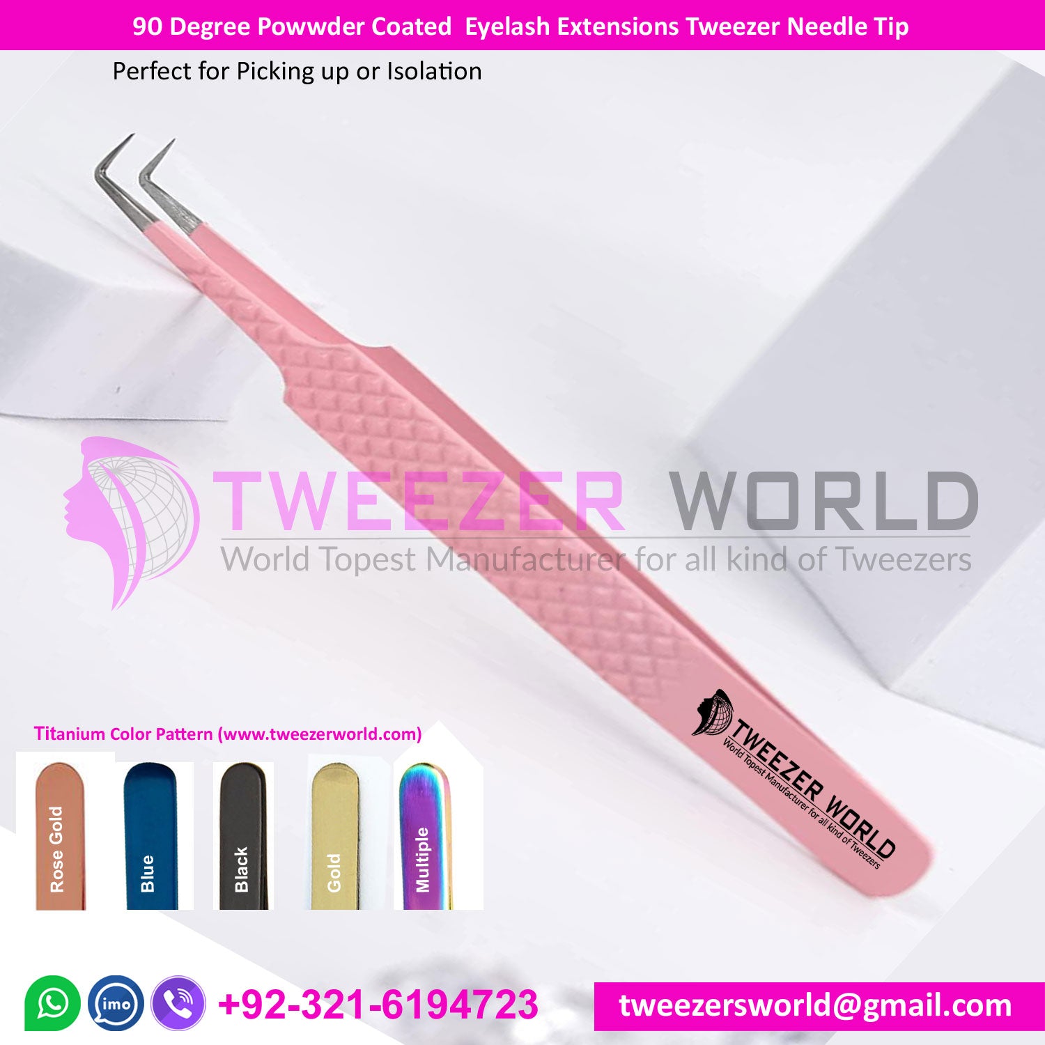 90 Degree Tweezers Powder Coated Pink For Eyelash Extension