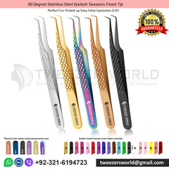 Five Stainless steel eyelash tweezers in different metallic colors (silver, gold, iridescent, bronze, copper, and black) arranged vertically on a white background. The image includes promotional text, a '100% Satisfaction Guaranteed' badge, a color pattern chart at the bottom, and contact information for 'Tweezer World'.