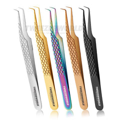 5 pairs of precision tweezers in different finishes are lined up on a white background. The tweezers include silver, yellow gold, iridescent rainbow, rose gold, bronze, and black, each with a textured grip and the brand name 'TWEEZER WORLD' printed on the handle.