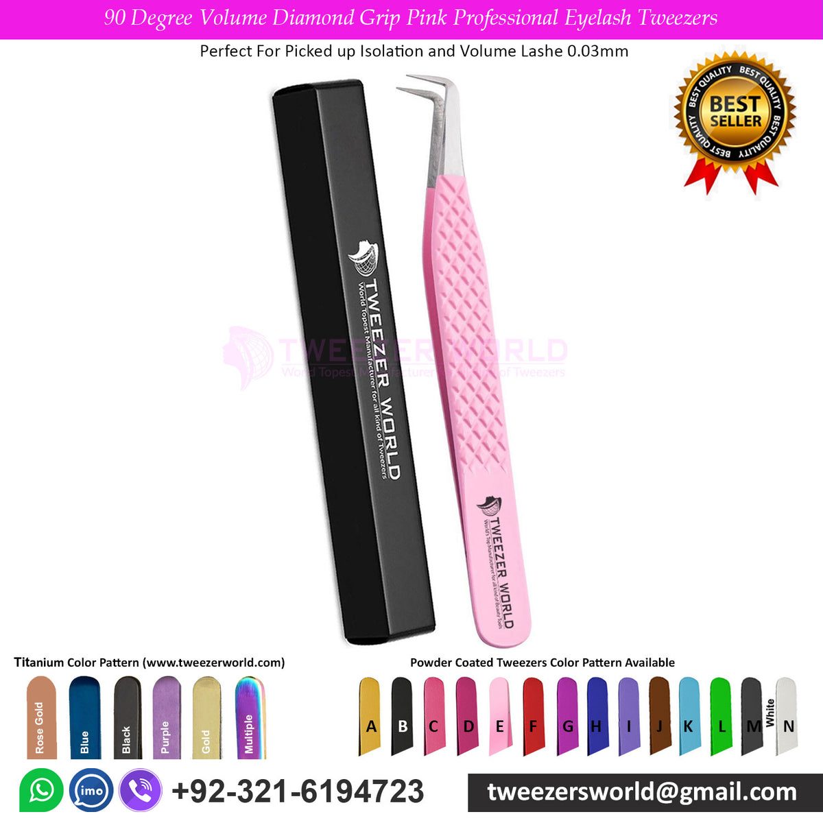 90 Degree Volume Diamond Grip Pink Professional Eyelash Tweezers