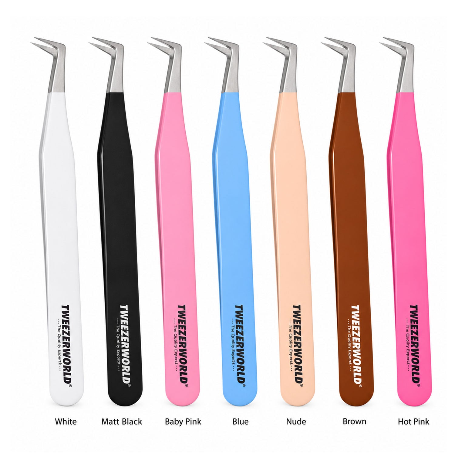 Seved pairs of angled tweezers in different handle colors with silver tip are shown side by side on a white background, with labels underneath: White, Matt Black, Baby Pink, Blue, Nude, Brown, and Hot Pink. The tweezers have silver metal tips and handles printed with the brand name Tweezer World.