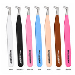Seved pairs of angled tweezers in different handle colors with silver tip are shown side by side on a white background, with labels underneath: White, Matt Black, Baby Pink, Blue, Nude, Brown, and Hot Pink. The tweezers have silver metal tips and handles printed with the brand name Tweezer World.