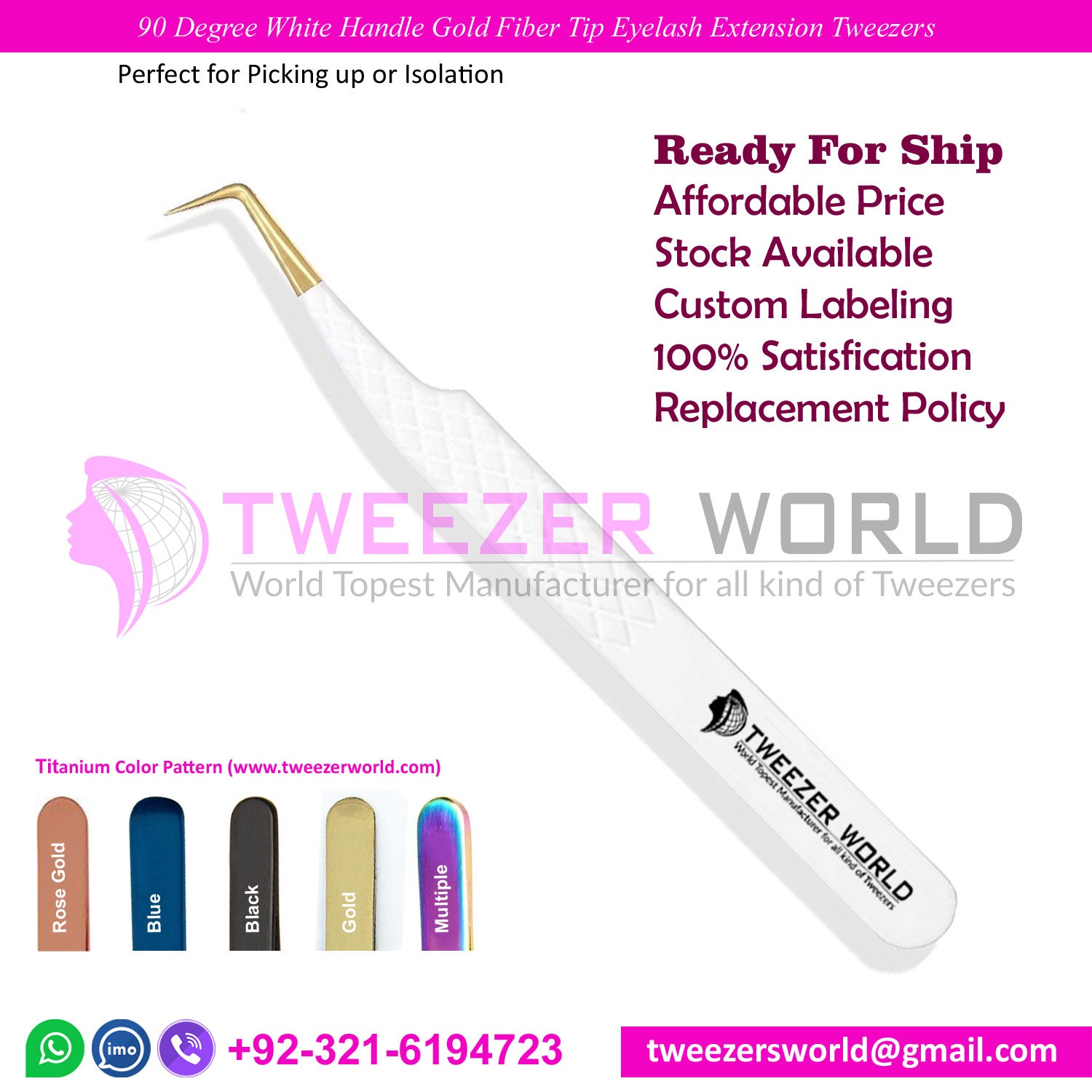 90 Degree White Handle Gold Fiber Tip Eyelash Tweezers