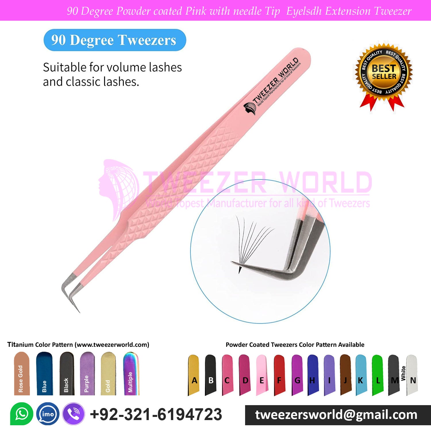 90 Angled Pink lash tweezers by TWEEZER WORLD