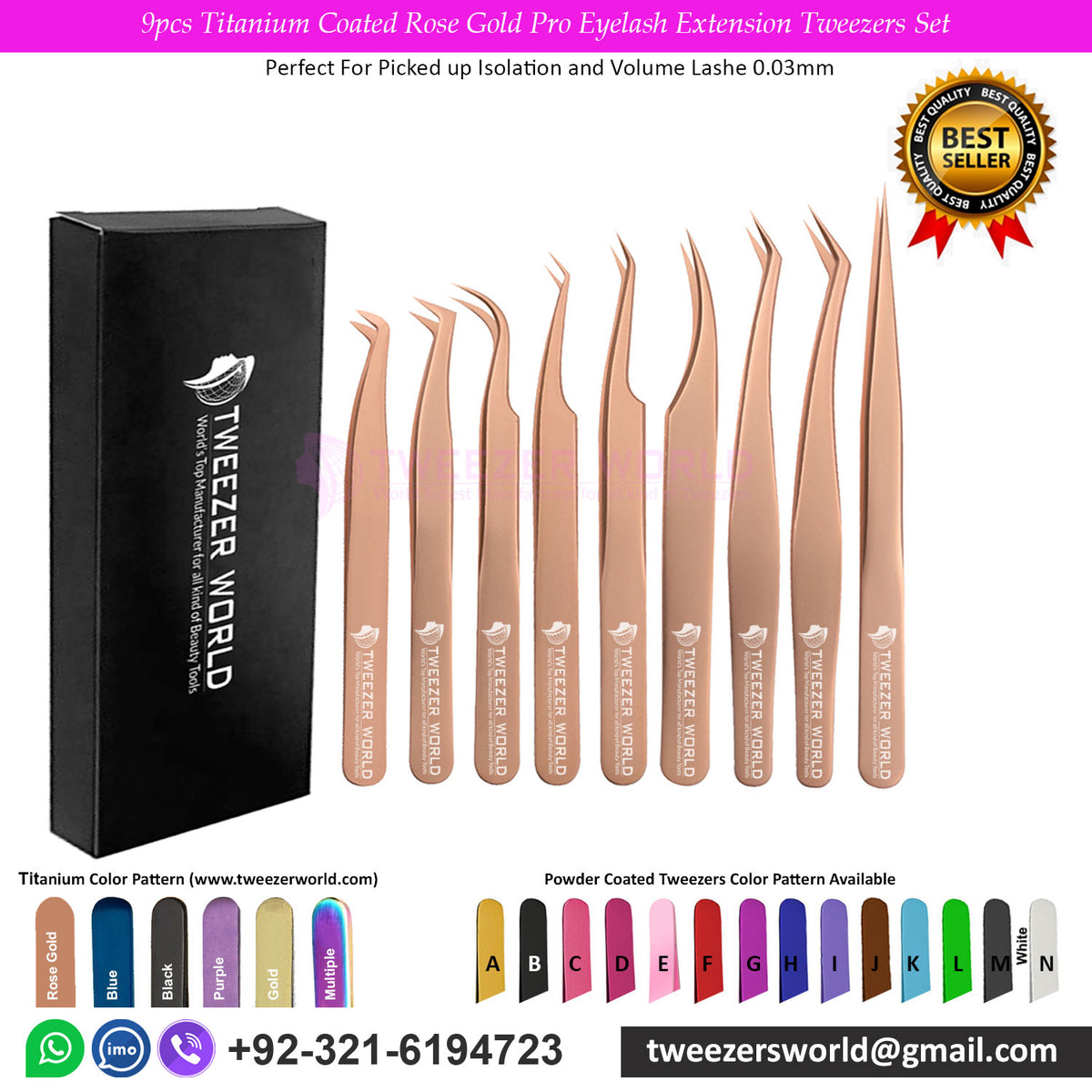 9pcs Titanium Coated Rose Gold Pro Eyelash Extension Tweezers Set