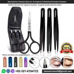 Eyebrow tweezers set with shears and case on a white background