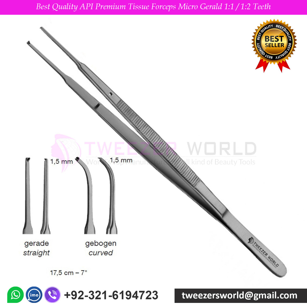 Best Quality API Premium Tissue Forceps Micro Gerald 1:1 / 1:2 Teeth