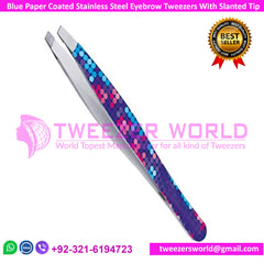 Blue Paper Coated Stainless Steel Eyebrow Tweezers With Slanted Tip