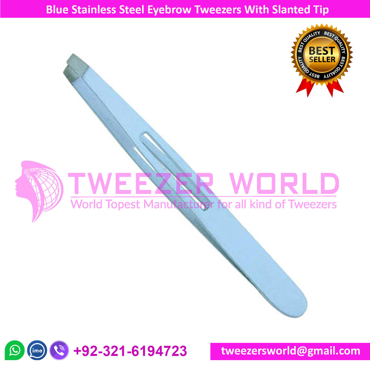 Blue Stainless Steel Eyebrow Tweezers With Slanted Tip