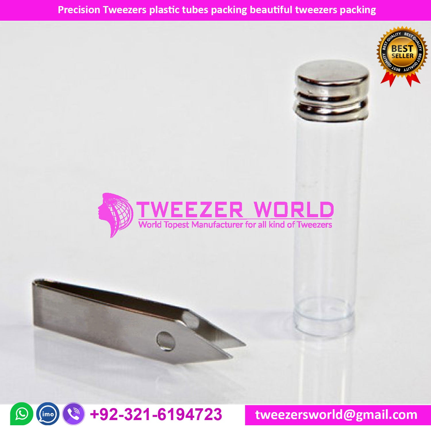 A single precision tweezer with stainless steel handle and a clear plastic tube packaging.