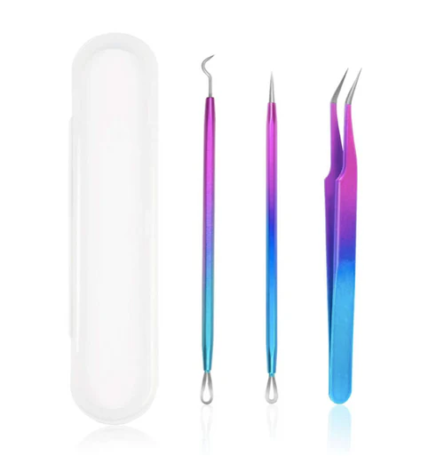Set of colorful tweezers and a white case on a white background