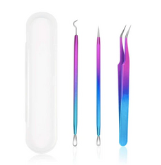 Set of colorful tweezers and a white case on a white background