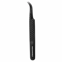 TWEEZER WORLD curved eyelash tweezers with bent-point textured tips, diamond grip and black metallic finish