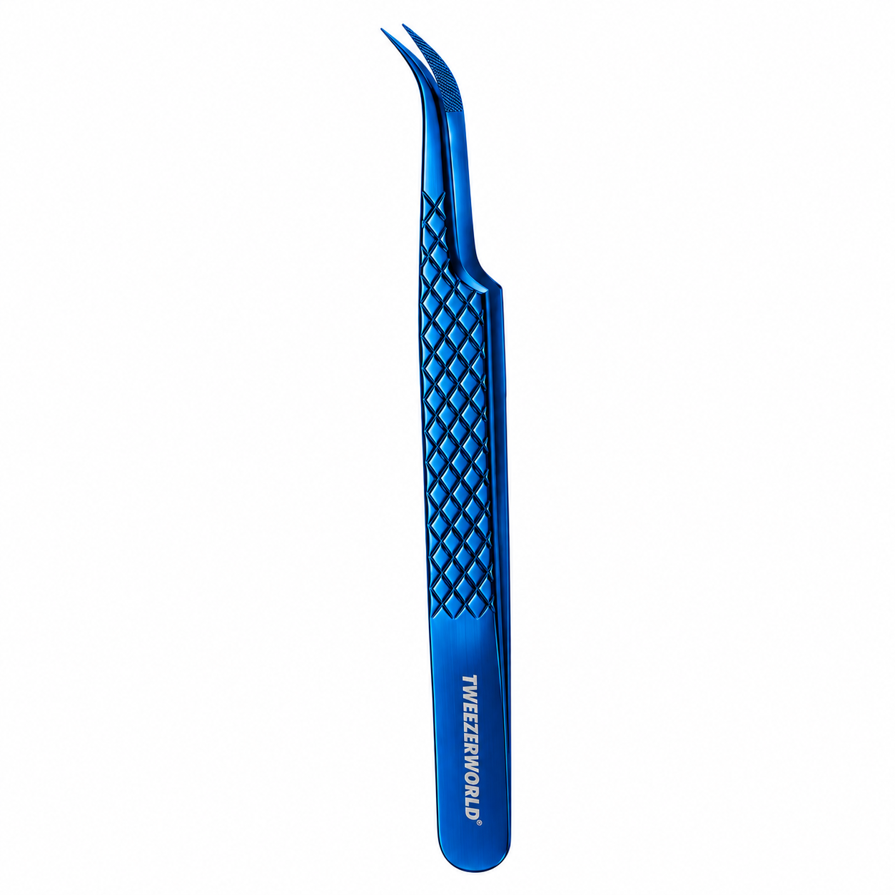 TWEEZER WORLD curved eyelash tweezers with bent-point textured tips, diamond grip and blue metallic finish