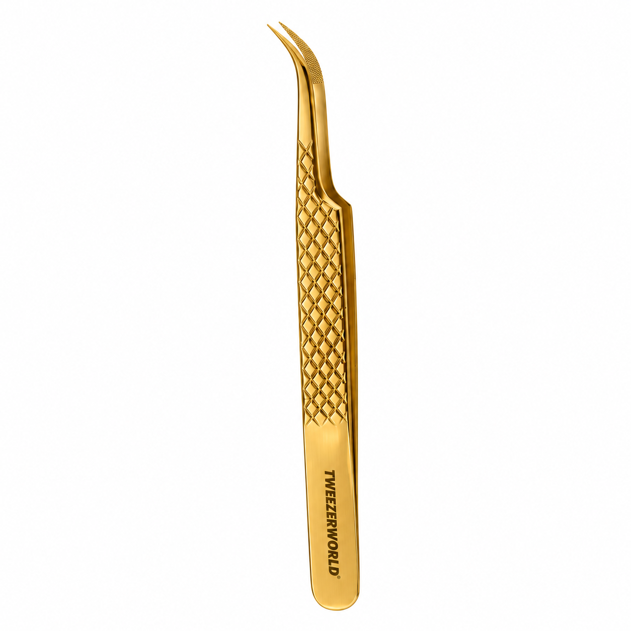 TWEEZER WORLD curved eyelash tweezers with bent-point textured tips, diamond grip and gold metallic finish