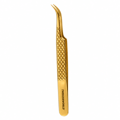 TWEEZER WORLD curved eyelash tweezers with bent-point textured tips, diamond grip and gold metallic finish
