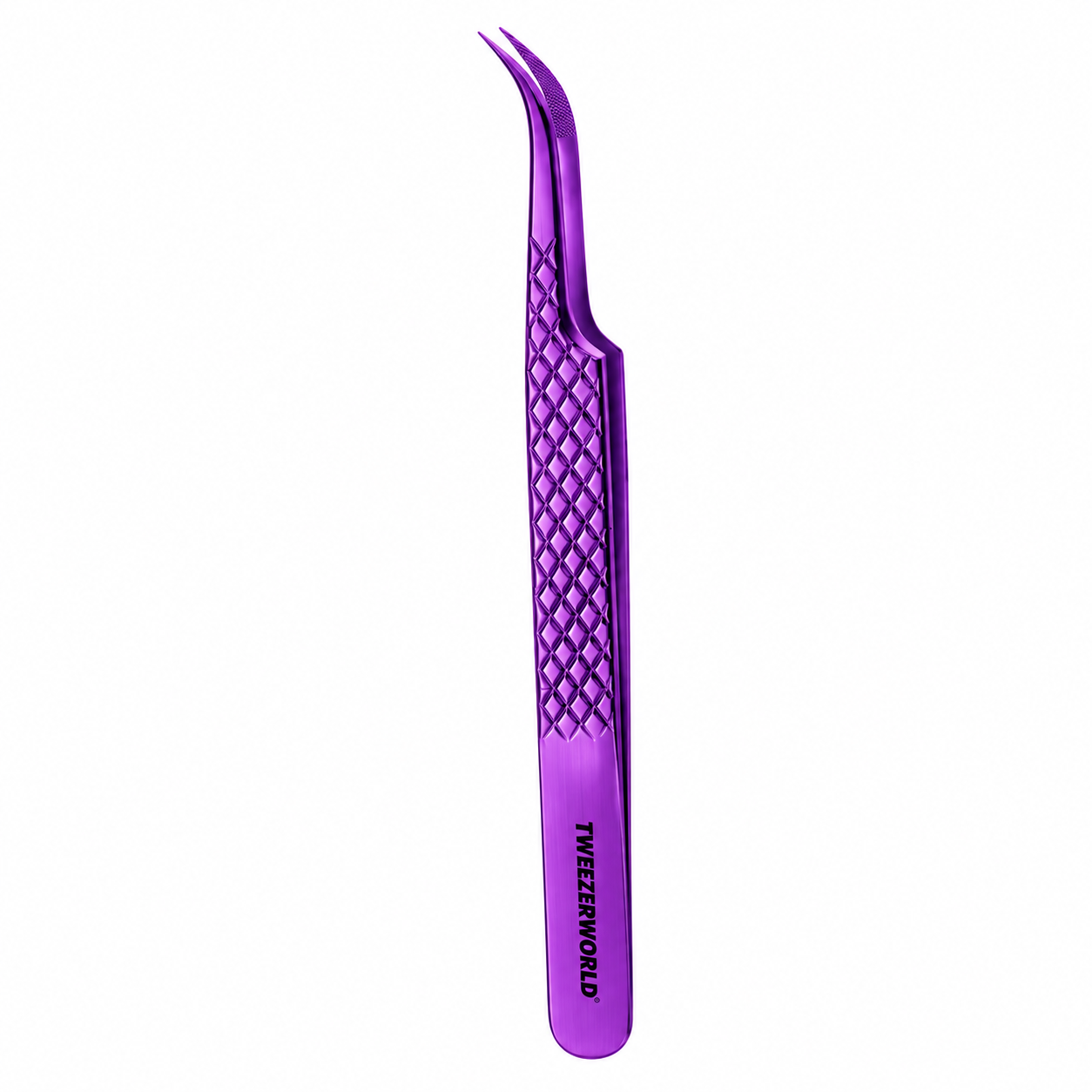TWEEZER WORLD curved eyelash tweezers with bent-point textured tips, diamond grip and purple metallic finish