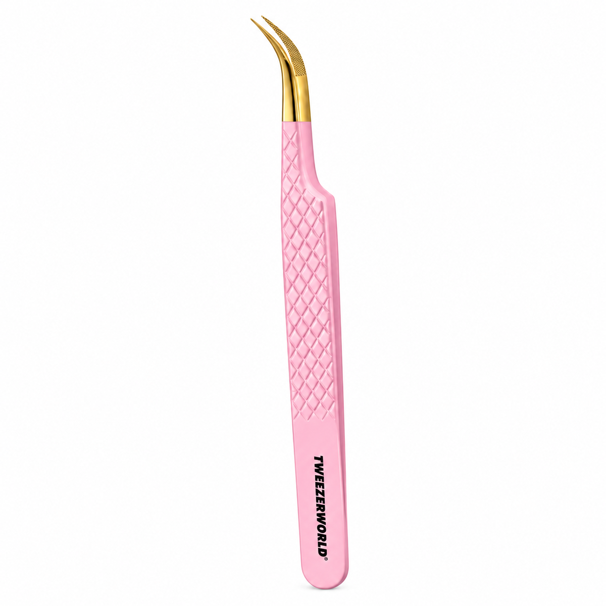 TWEEZER WORLD curved lash tweezers with baby pink diamond-grip handle and gold tips on a white background