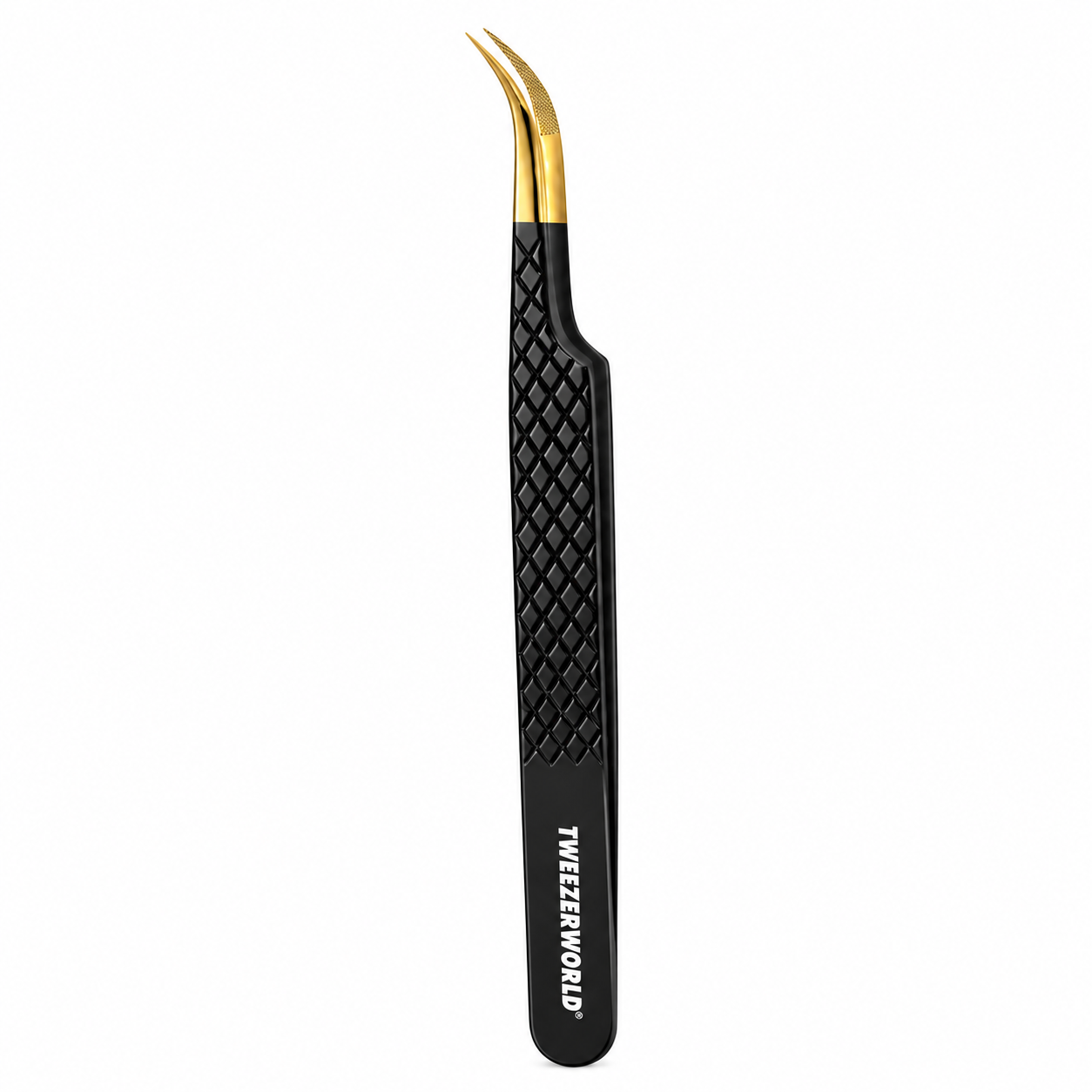 TWEEZER WORLD curved lash tweezers with black diamond-grip handle and gold tips on a white background