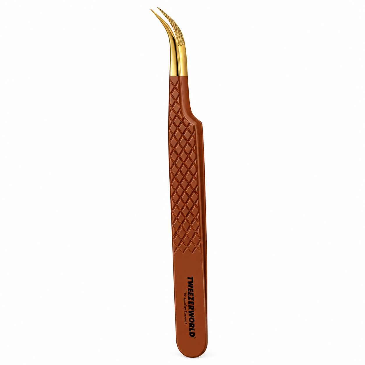 TWEEZER WORLD curved lash tweezers with brown diamond-grip handle and gold tips on a white background