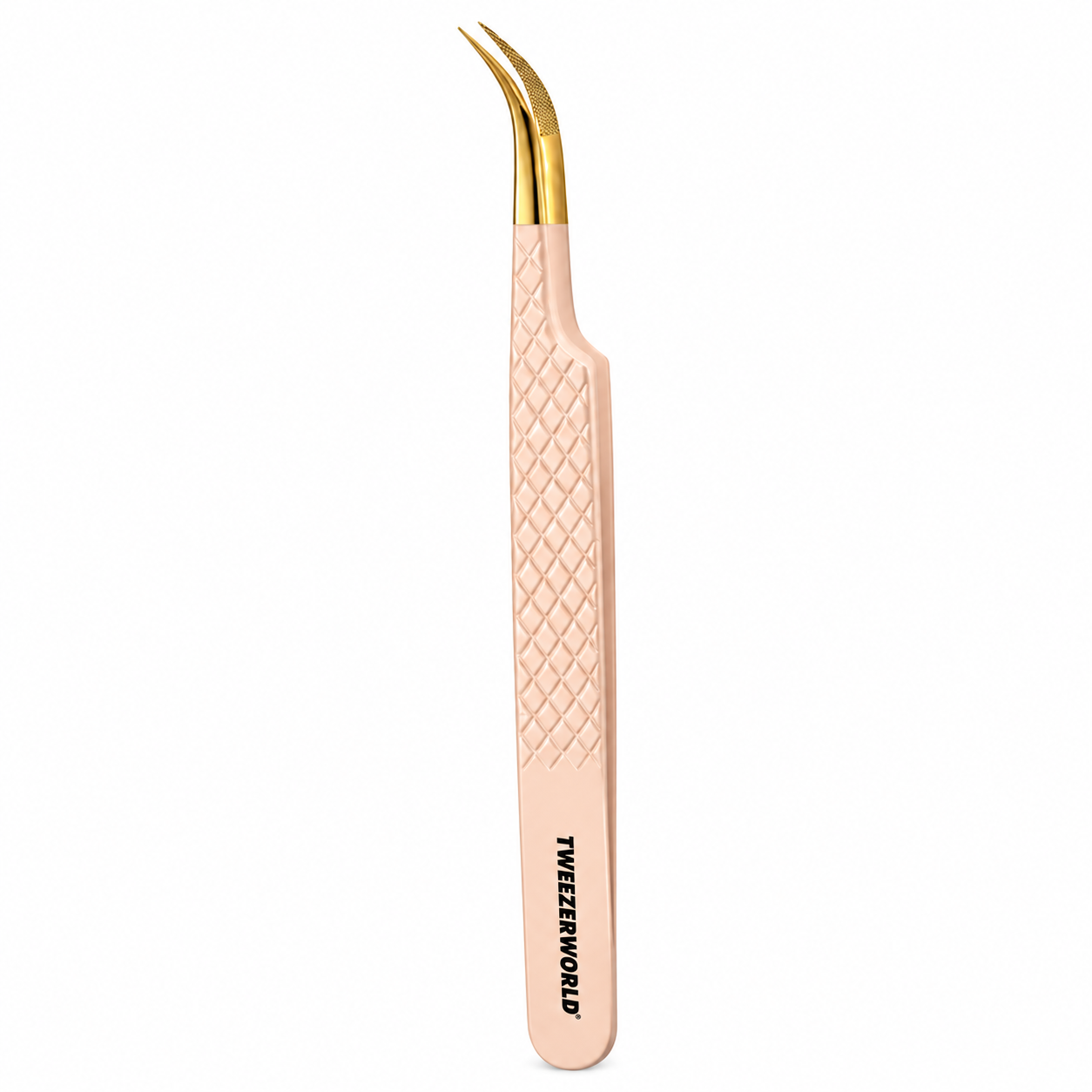 TWEEZER WORLD curved lash tweezers with nude diamond-grip handle and gold tips on a white background