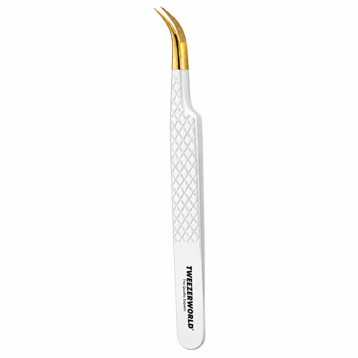 TWEEZER WORLD curved lash tweezers with white diamond-grip handle and gold tips on a white background