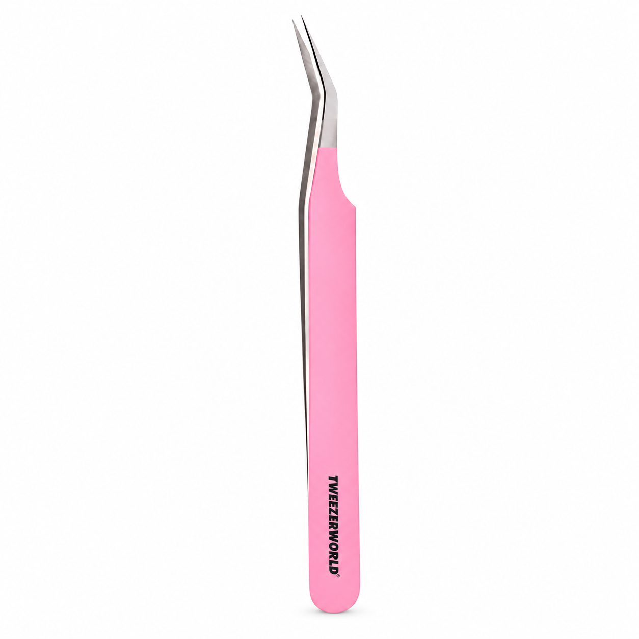 TWEEZER WORLD lash tweezers with baby pink handle and silver angled tips on a white background