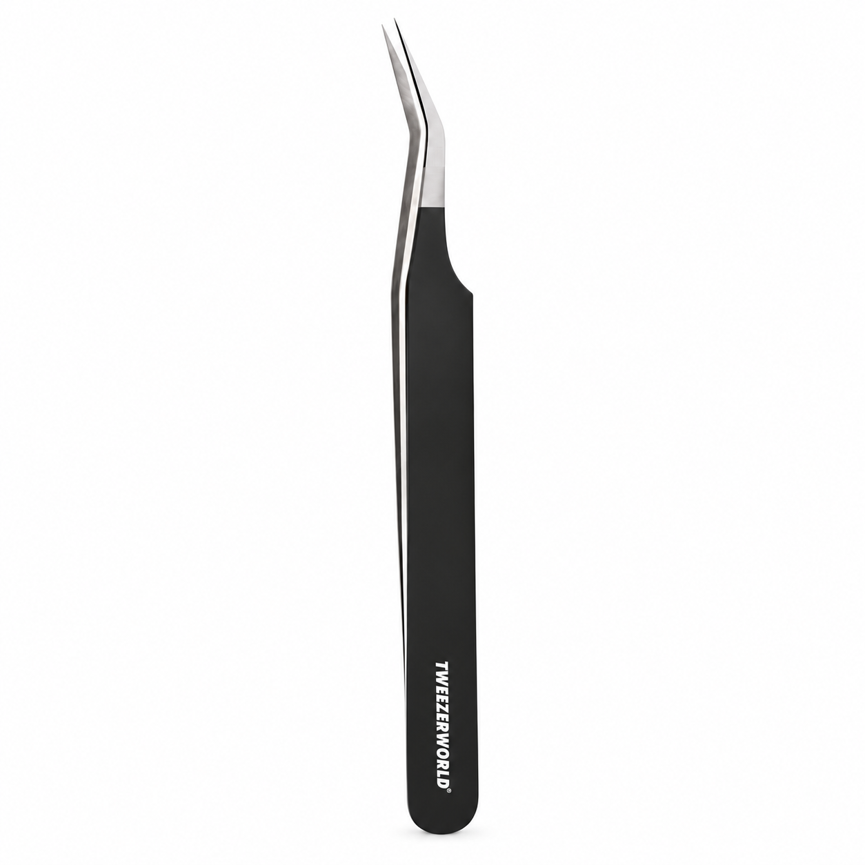TWEEZER WORLD lash tweezers with black handle and silver angled tips on a white background