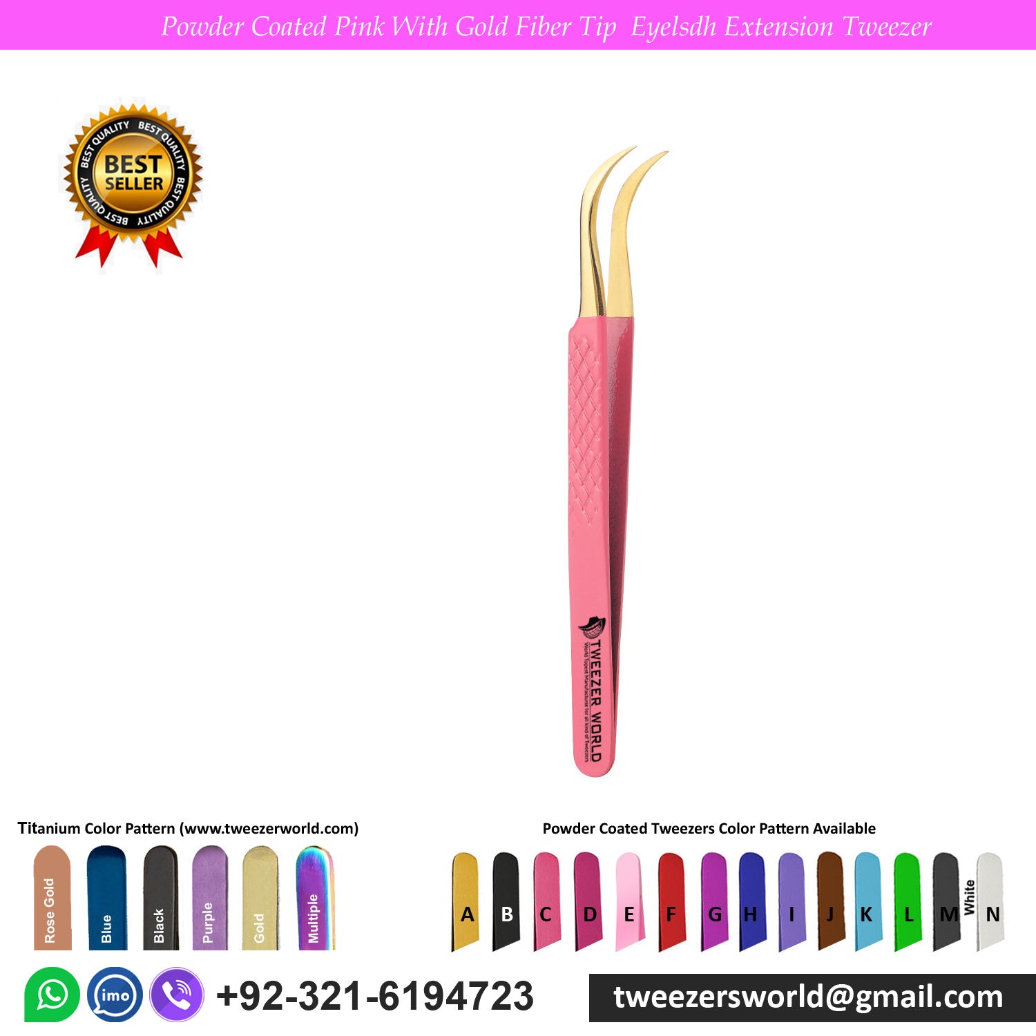 Curved Tweezers Pink Handle Gold Tip, TWEEZER WORLD